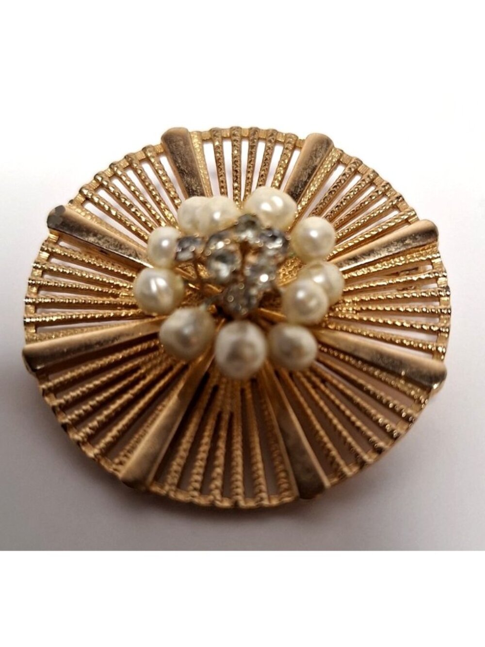 Vintage Gold Tone Sunburst Brooch Faux Pearl Rhinestone Starburst Pin 1960s